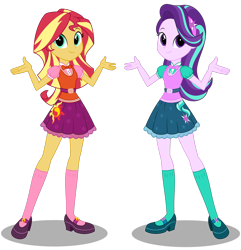Size: 2304x2391 | Tagged: safe, artist:broncat, starlight glimmer, sunset shimmer, equestria girls, bowtie, clothes, cute, headband, legs, looking at you, mary janes, new outfit, shoes, simple background, skirt, smiling, socks, sun, transparent background