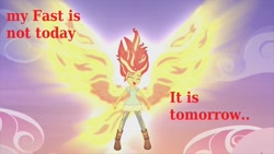 Size: 1200x675 | Tagged: safe, sunset shimmer, equestria girls, my past is not today, christian sunset shimmer, christianity, fast, glow, image macro, lent, meme, pun, religion, religious focus, religious headcanon, sunset phoenix