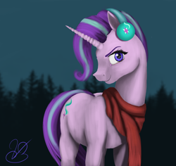 Size: 2842x2678 | Tagged: safe, artist:vinicius040598, starlight glimmer, pony, unicorn, clothes, earmuffs, forest, night, scarf, solo