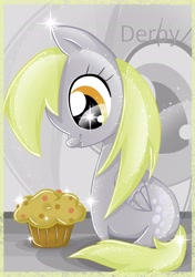 Size: 1748x2480 | Tagged: safe, artist:sugarcubecake, derpy hooves, pegasus, pony, female, glitter, mare, muffin, scrunchy face, solo