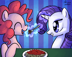 Size: 1280x1024 | Tagged: safe, artist:rwl, pinkie pie, rarity, earth pony, pony, unicorn, feeding, female, lesbian, raripie, shipping, spaghetti