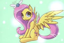 Size: 1200x800 | Tagged: safe, artist:eshredder, fluttershy, parasprite, pegasus, pony, swarm of the century, :p, cute, ear fluff, green background, murder, shyabetes, simple background, sitting, smiling, solo, spread wings, tongue out
