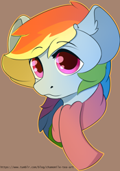 Size: 1280x1831 | Tagged: safe, artist:chamomile-tea-art, derpibooru import, rainbow dash, pegasus, pony, bust, clothes, ear fluff, female, looking at you, mare, scarf, solo