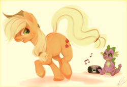 Size: 1600x1096 | Tagged: safe, artist:imalou, applejack, spike, dragon, earth pony, pony, applespike, dancing, female, male, music, shipping, straight