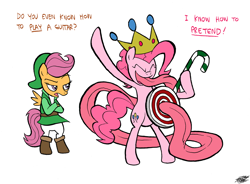 Size: 1000x737 | Tagged: safe, artist:willdrawforfood1, pinkie pie, scootaloo, earth pony, pony, crown, impossibly long tongue, link, royal tongue pinkie, the legend of zelda