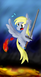 Size: 653x1223 | Tagged: safe, artist:deliriouscat, derpy hooves, pegasus, pony, arrow, chivalry, crossover, female, fire, longsword, mare, solo