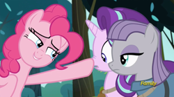 Size: 912x510 | Tagged: safe, screencap, maud pie, pinkie pie, starlight glimmer, pony, rock solid friendship, boop, discovery family logo