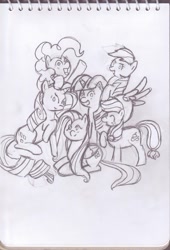 Size: 737x1085 | Tagged: safe, artist:eggrole7, derpibooru import, applejack, fluttershy, pinkie pie, rainbow dash, rarity, twilight sparkle, earth pony, pegasus, pony, unicorn, friendship is magic, mane six, monochrome, traditional art