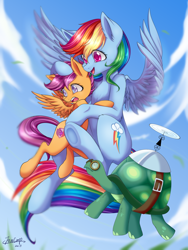 Size: 3000x4000 | Tagged: safe, artist:foxcarp, derpibooru import, rainbow dash, scootaloo, tank, pegasus, pony, chest fluff, cloud, cloudy, cutie mark, ear fluff, female, filly, flying, mare, open mouth, scared, scootalove, sky, smiling, the cmc's cutie marks, trio