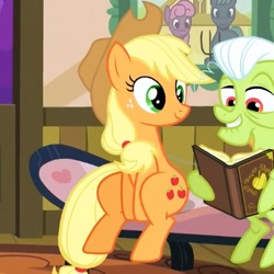 Size: 400x400 | Tagged: safe, screencap, applejack, granny smith, earth pony, pony, apple family reunion, book, cropped, duo, female, mare, reading, sitting, sitting up