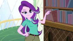 Size: 1920x1080 | Tagged: safe, artist:darthlena, starlight glimmer, equestria girls, book, canterlot high, clothes, female, library, pants, smiling, smirk, smug, solo