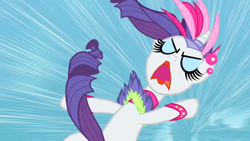 Size: 640x360 | Tagged: safe, screencap, rarity, pony, unicorn, sonic rainboom (episode), curly tail, eyelashes, eyes closed, eyeshadow, falling, flight, lipstick, makeup, red lipstick, solo, tail