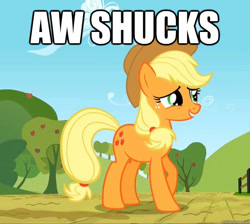 Size: 625x561 | Tagged: safe, applejack, earth pony, pony, blonde mane, female, image macro, mare, orange coat, reaction image, solo