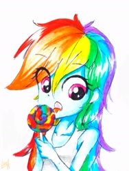 Size: 1704x2269 | Tagged: safe, artist:liaaqila, derpibooru import, rainbow dash, equestria girls, candy, clothes, cute, food, licking, lollipop, multicolored hair, solo, tongue out, traditional art