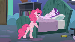 Size: 914x512 | Tagged: safe, screencap, pinkie pie, starlight glimmer, pony, rock solid friendship, angry, discovery family logo, starlight's room