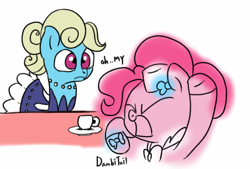 Size: 638x431 | Tagged: safe, artist:dambitail, eclair créme, jangles, pinkie pie, earth pony, pony, 30 minute art challenge, clothes, cup, dialogue, dress, gala dress, plate, table, teacup