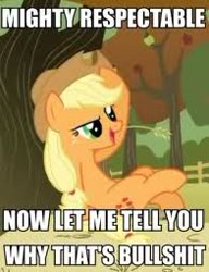 Size: 196x255 | Tagged: safe, edit, edited screencap, screencap, applejack, earth pony, pony, fall weather friends, bullshit, cropped, image macro, reaction image, solo, straw in mouth, vulgar