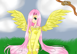 Size: 999x699 | Tagged: safe, artist:muppiz, fluttershy, humanized, solo, winged humanization