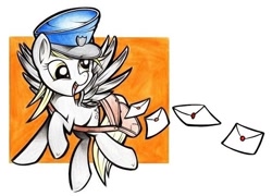 Size: 706x508 | Tagged: safe, artist:uglyapple, derpy hooves, pegasus, pony, female, hat, mailbag, mare, solo, traditional art