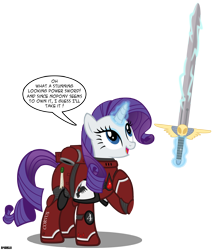 Size: 2400x2800 | Tagged: safe, artist:a4r91n, rarity, pony, unicorn, blood ravens, bloody magpies, crossover, female, magic, magic aura, mare, power armor, power sword, powered exoskeleton, psyker, purity seal, simple background, solo, space marine, speech bubble, sword, telekinesis, transparent background, vector, warhammer (game), warhammer 40k