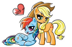 Size: 800x520 | Tagged: safe, artist:k-a-m-b-i, derpibooru import, applejack, rainbow dash, earth pony, pegasus, pony, appledash, bedroom eyes, eye contact, female, heart, lesbian, prone, shipping