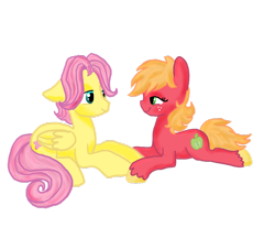 Size: 1024x884 | Tagged: safe, artist:sweetchiomlp, big macintosh, butterscotch, fluttershy, macareina, pegasus, pony, adorascotch, anatomically incorrect, bedroom eyes, butterreina, cute, eye contact, female, floppy ears, fluttermac, incorrect leg anatomy, looking at each other, macabetes, male, prone, rule 63, rule63betes, shipping, simple background, smiling, straight, transparent background