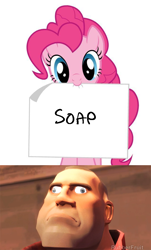 Size: 638x1058 | Tagged: safe, pinkie pie, earth pony, pony, derp, exploitable meme, gmod, meme, mouth hold, note, pinkie's note meme, rubberfruit, soap, soap trilogy, soldier, team fortress 2