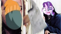 Size: 1920x1080 | Tagged: safe, boulder (pet), starlight glimmer, pony, unicorn, rock solid friendship, 1000 years in photoshop, axe, here's johnny, the shining, weapon