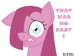 Size: 948x713 | Tagged: safe, artist:adlaz, pinkie pie, pony, image macro, implied sharting, lip bite, pink text, pinkamena diane pie, solo, that wasn't a fart