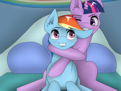 Size: 4000x3000 | Tagged: safe, artist:zeronitroman, derpibooru import, rainbow dash, twilight sparkle, pegasus, pony, bed, biting, ear bite, female, lesbian, shipping, twidash