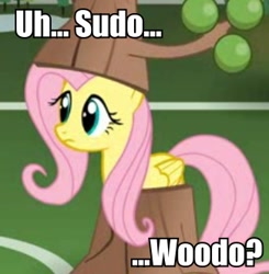 Size: 325x332 | Tagged: safe, artist:jacob kitts, edit, fluttershy, pegasus, pony, caption, fluttertree, image macro, nintendo, pokémon, pokémon reenacted by ponies, ponymon, roflbot, sudo, sudowoodo, text, tree