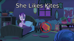 Size: 1920x1080 | Tagged: safe, edit, edited screencap, screencap, starlight glimmer, pony, unicorn, to where and back again, bed, bedroom, female, foreshadowing, hat, in bed, kite, mare, moon, solo, starlight's room, teddy bear, that pony sure does love kites, waking up, wizard hat