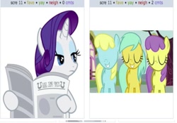 Size: 795x557 | Tagged: safe, parasol, rarity, sassaflash, sunshower raindrops, pony, unicorn, exploitable meme, juxtaposition, juxtaposition win, newspaper