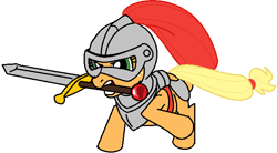 Size: 648x357 | Tagged: artist needed, source needed, safe, applejack, earth pony, pony, armor, helmet, ms paint, sword