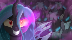 Size: 1920x1080 | Tagged: safe, artist:prince-lionel, queen chrysalis, changeling, changeling queen, evil grin, eye smoke, female, grin, movie accurate, smiling, sombra eyes