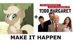 Size: 1176x711 | Tagged: safe, applejack, earth pony, pony, crossover, david cross, exploitable meme, ifc, liar face, liarjack, make it happen, meta, the increasingly poor decisions of todd margaret, will arnett