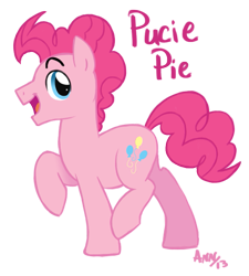 Size: 539x600 | Tagged: safe, artist:theraspberryfox, pinkie pie, earth pony, pony, blue eyes, male, open mouth, pink coat, pink mane, raised hoof, rule 63, signature, simple background, smiling, solo, stallion, text, transparent background