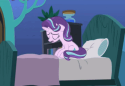 Size: 582x400 | Tagged: safe, edit, edited screencap, screencap, starlight glimmer, pony, rock solid friendship, animated, bed, bedroom eyes, gif, s5 starlight, solo, starlight's room, welcome home twilight