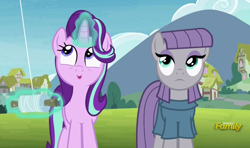 Size: 748x442 | Tagged: safe, screencap, maud pie, starlight glimmer, pony, rock solid friendship, discovery family logo, kite flying, magic, telekinesis