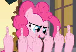 Size: 1000x682 | Tagged: safe, artist:goldenacorn93, edit, edited screencap, screencap, pinkie pie, earth pony, pony, a friend in deed, hand, middle finger, vulgar