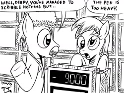 Size: 1600x1200 | Tagged: safe, artist:tomtornados, derpy hooves, pegasus, pony, alex trebek, female, jeopardy, losing, mare, monochrome, pen, ponified, snl