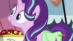 Size: 1273x719 | Tagged: safe, screencap, starlight glimmer, pony, rock solid friendship, discovery family logo, faic, lip bite, solo