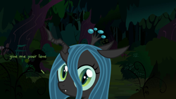 Size: 1024x577 | Tagged: artist needed, safe, artist:dusk2k, edit, queen chrysalis, changeling, changeling queen, bronybait, dialogue, dialogue edit, everfree forest, fangs, female, filly, frown, looking at you, solo, stare, sweetie belle's stare