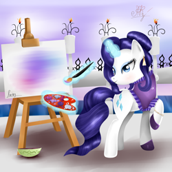 Size: 2000x2000 | Tagged: safe, artist:ogniva, rarity, pony, unicorn, easel, magic, paintbrush, painting, palette, solo