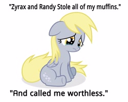 Size: 5000x4000 | Tagged: safe, derpy hooves, bronybait, crying, monkeydzyrax, randomosaur, solo, text, younger