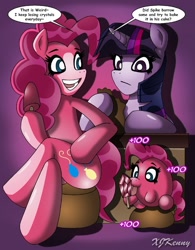 Size: 550x706 | Tagged: safe, artist:xjkenny, derpibooru import, pinkie pie, twilight sparkle, earth pony, pony, unicorn, duo, female, mare, pinkie bank