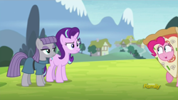 Size: 1366x768 | Tagged: safe, screencap, maud pie, pinkie pie, starlight glimmer, pony, rock solid friendship, discovery family logo, pizza delivery, pizza head, ponyville
