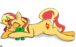 Size: 1100x689 | Tagged: safe, artist:asadama, sunset shimmer, oc, oc:anon, pony, unicorn, blushing, color, cute, doll, eyes closed, plushie, shimmerbetes, simple background, sleeping, smiling, solo, toy, white background