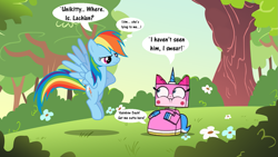 Size: 1365x768 | Tagged: safe, artist:lachlandingoofficial, rainbow dash, pegasus, pony, crossover, eaten alive, endosoma, fetish, lego, speech bubble, the lego movie, thought bubble, unikitty, unikitty! (tv series), vore