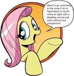 Size: 421x431 | Tagged: safe, idw, fluttershy, pegasus, pony, bad advice fluttershy, blue eyes, dialogue, exploitable meme, female, mare, meme, open mouth, pink mane, raised hoof, raised leg, simple background, smiling, solo, speech bubble, talking to viewer, text, underhoof, yellow coat